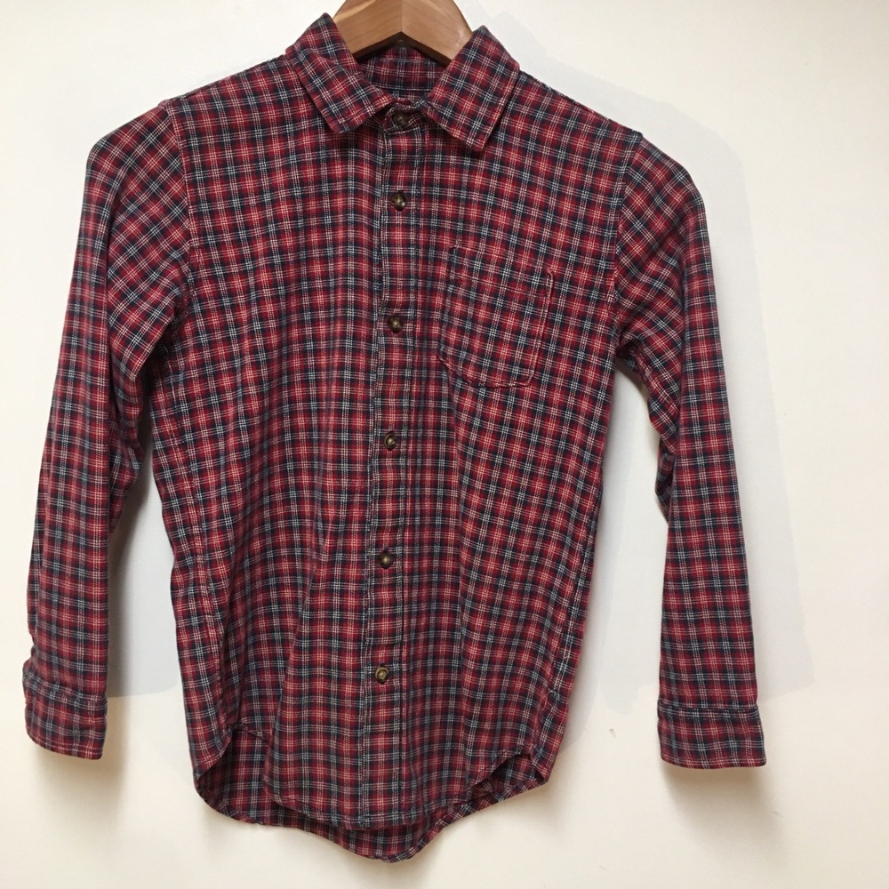 Hope & Henry Organic Plaid Button Shirt Boys Large Red Navy Blue Cotton Flannel